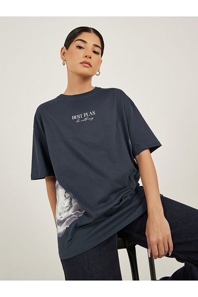 Styli Slogan Print Round Neck Oversized T-Shirt