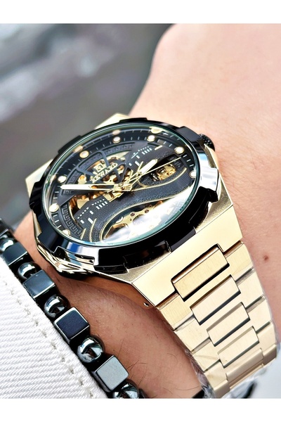 Reward Altın Renk Kabe Desen Otomatik Mekanizma Erkek Kol Saati + BİLEKLİK