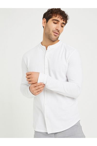 Styli Pique Knit Mandarin Collar Slim Fit Shirt