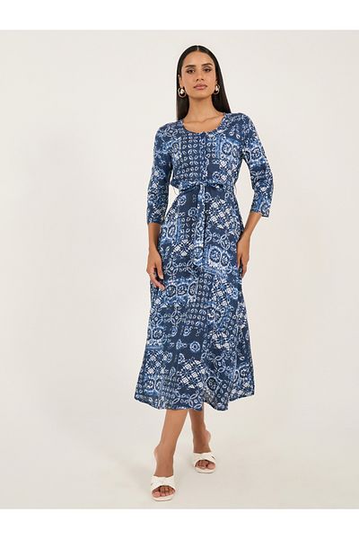 Styli All-Over Print 3/4 Sleeve A-Line Midi Dress with Tie-Up