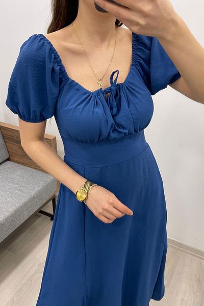 Nazline Short Balloon Sleeve Tie Front Square Neck Dress