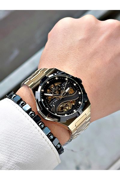 Reward Gold Color Kaaba Pattern Automatic Mechanism Men's Wristwatch + Bracelet