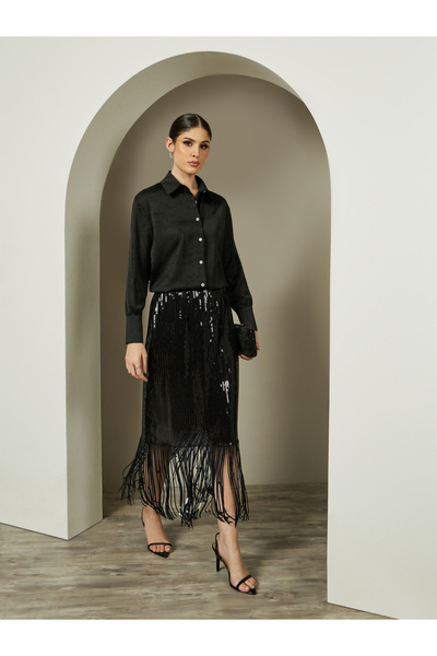 Styli Black Sequined A-Line Evening Midi Skirt