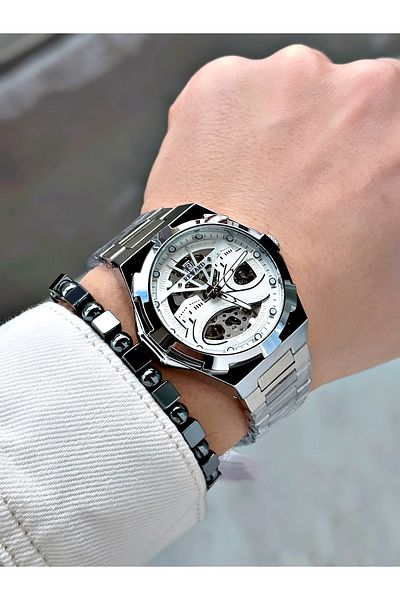 Reward Silver Color Kaaba Pattern Automatic Mechanism Men's Wristwatch + Bracelet