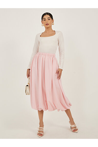 Styli تنورة ميدي بالونية سادة وردية اللون مع حزام خصر مطاطي