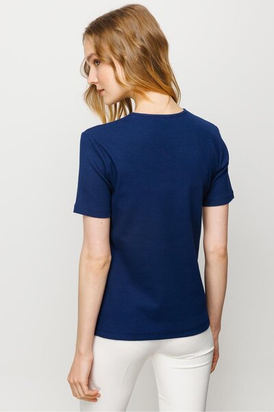 Desen Triko Γυναικείο T-shirt με λαιμόκοψη V βαμβακερό μπλουζάκι Navy Blue