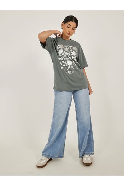 Styli Floral Foil Graphic Oversized Round Neck T-Shirt