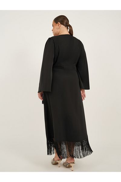 Styli Plus Size Long Sleeves Wrap Maxi Dress with Fringed Hem