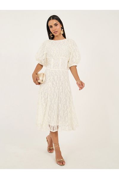 Styli Lace Balloon Sleeves A-Line Midi Dress