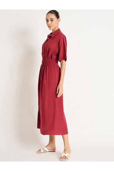 Femmella By Styli Solid Cinched Waist Shirt Midi Dress