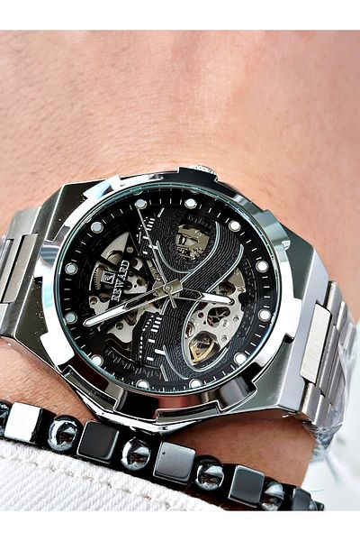 Reward Silver Color Kaaba Pattern Automatic Mechanism Men's Wristwatch + Bracelet