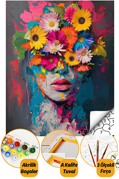 Talehobby Sayılarla Boyama Numaralı Tuval Seti Fırça Boya Dahil 40x50cm - Çiçekli Renkli Kadın