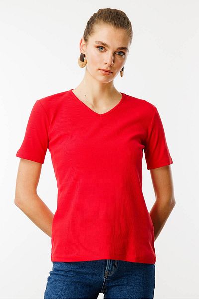 Desen Triko Women's Red V-Neck Camisole Cotton T-Shirt