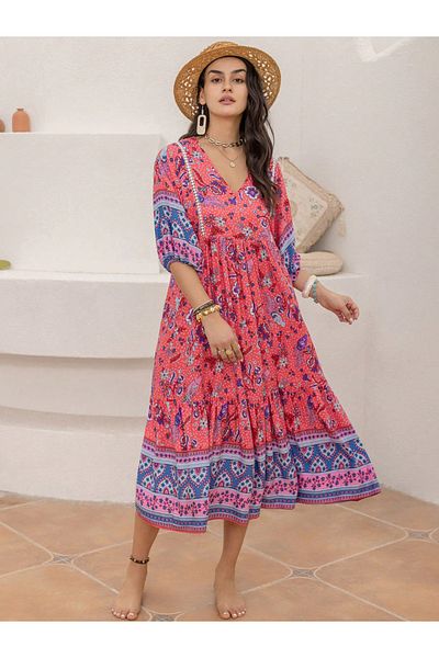 Russty Dustty By Styli Floral Printed Half Sleeves V Neck Midi Dress