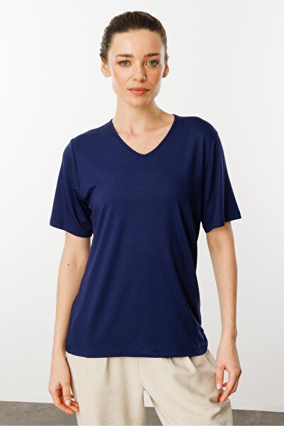 Desen Triko Синя жіноча футболка з V-подібним вирізом та короткими рукавами