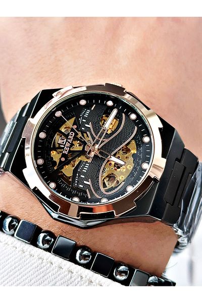 Reward Black Color Kaaba Pattern Automatic Mechanism Men's Wristwatch + Bracelet