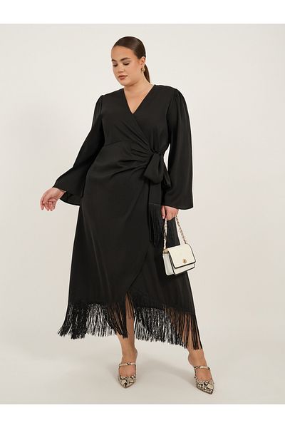 Styli Plus Size Long Sleeves Wrap Maxi Dress with Fringed Hem