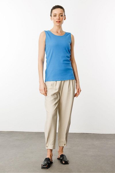 Desen Triko Tricou albastru pentru femei cu decolteu cu bretele din bumbac