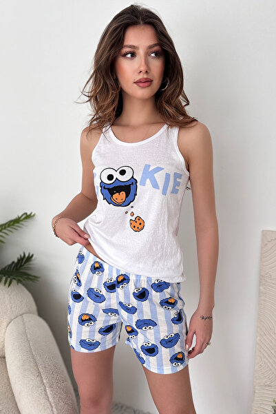 EYYE Mavi Beyaz Pamuklu Şort Atlet Kadın Pijama Takımı