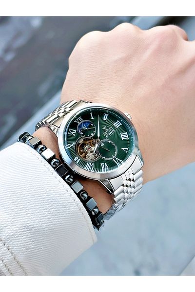Reward Silver Color Automatic Mechanism Roman Numeral Men Wristwatch + Bracelet