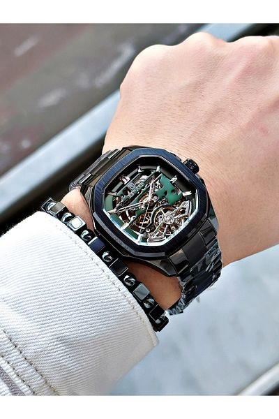 Reward Black Color Automatic Skeleton Square Model Mechanism Men's Wrist Watch + Bracelet