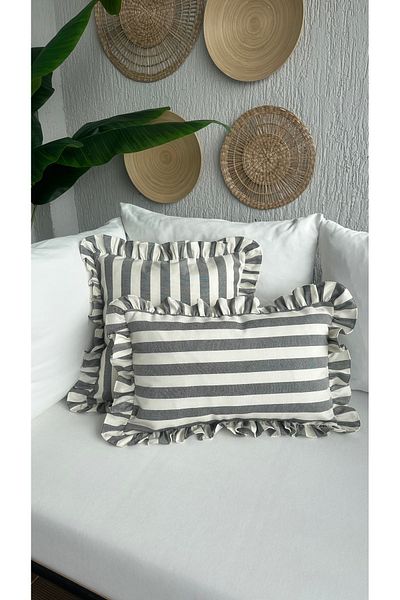 Decamor home Smoked Gray Ecru Striped Premium Linen Fabric Frilly Throw Pillow Cover 1 Pc