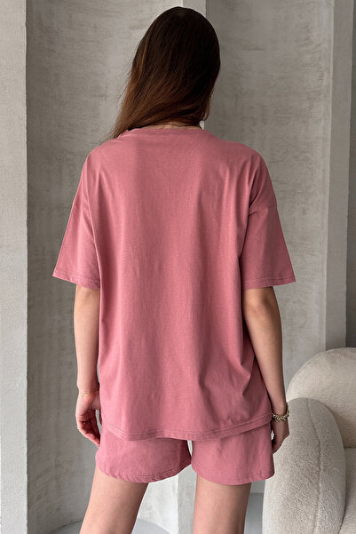 EYYE Gül Kurusu Pamuklu Oversize Tişört Şort Kadın İkili Takım