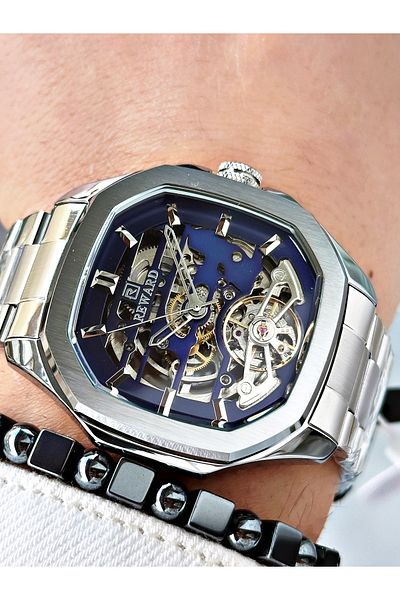 Reward Silver Color Automatic Skeleton Square Model Mechanism Men Wristwatch + Bracelet