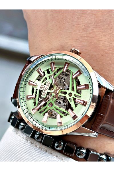 Reward Coffee Color Leather Cord Skeleton Model Automatic Men Wrist Watch + Bracelet