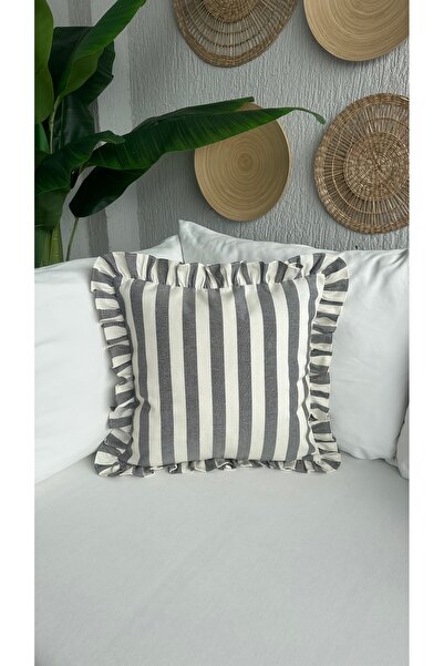 Decamor home Smoked Gray Ecru Striped Premium Linen Fabric Ruffled Throw Pillow Cover 1 Piece