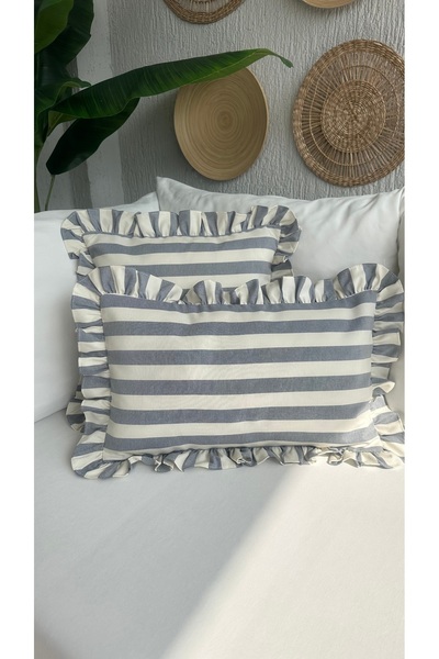 Decamor home Indigo Blue Ecru Striped Premium Linen Fabric Ruffled Throw Pillow Cover 1 Piece