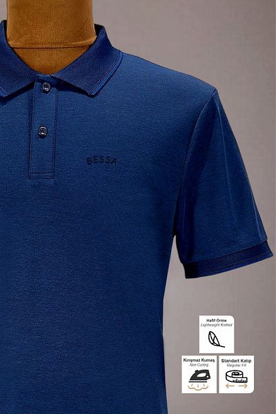 BESSA Ανδρικό μπλουζάκι με γιακά πόλο Navy Blue με στάμπα μπράτσο χωρίς τσέπη χωρίς μπούκλες Απαλή υφή