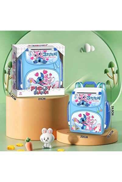 Livava Çantalı Stitch Şifreli ve Parmak İzli, Elektronik Kumbara, Sesli ve Işıklı, Mavi, 25x20