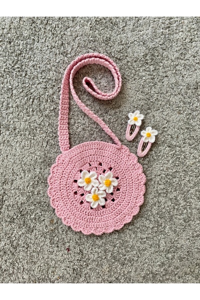 Nevdusha Design El Örgüsü Kız Çocuk Omuz Çantası Ve 2'li Çıtçıt Toka Seti