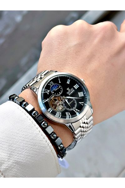 Reward Silver Color Automatic Mechanism Roman Numeral Men Wristwatch + Bracelet