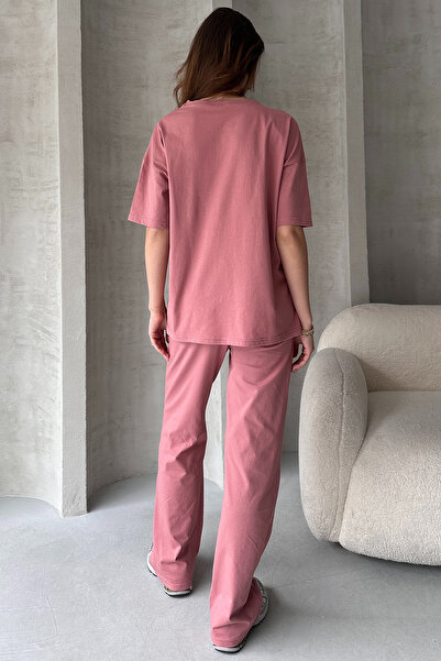 EYYE Dusty Rose Cotton Oversize T-Shirt Pants Women's Two Piece Set