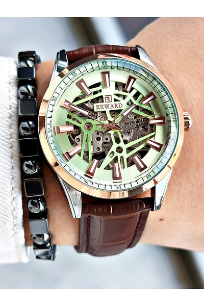 Reward Coffee Color Leather Cord Skeleton Model Automatic Men Wrist Watch + Bracelet