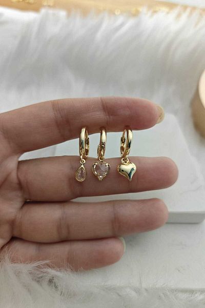 KYOLA DESİGN Minimalist 3-Piece Zircon Gold Women's Earrings