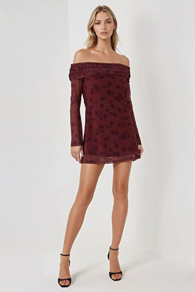 Hiccup Çiçek Desenli Omzu Açık Tül Bodycon Mini Elbise