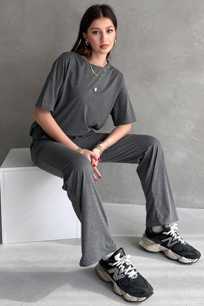 EYYE Anthracite Cotton Oversize T-Shirt Pants Women's Two Piece Set