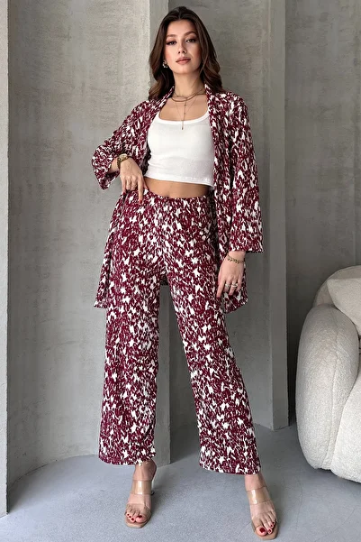 EYYE Burgundy White Patterned Kimono Pants Women's Bottom Top Set