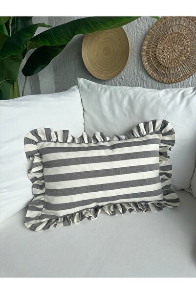 Decamor home Smoked Gray Ecru Striped Premium Linen Fabric Ruffled Throw Pillow Cover 1 Piece