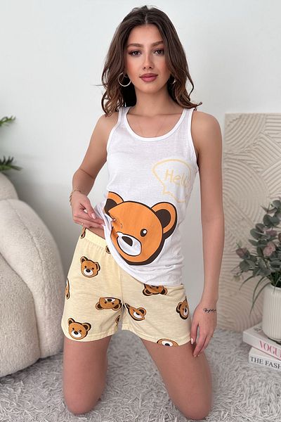 EYYE Set de pijamale pentru femei, pantaloni scurți din bumbac alb bej