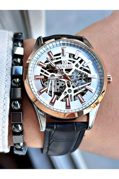 Reward Black Color Leather Cord Skeleton Model Automatic Men Wrist Watch + Bracelet