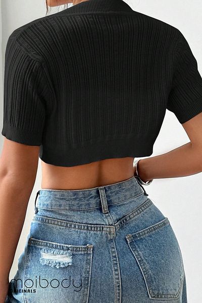 Moibody Tricotaj de vară pentru femei cu mâneci scurte Bolero Cardigan Crop Fit Design elegant Negru