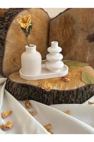 Kesa TEK Vazo Set Sunumluk Tabak Minimal Twist Model Ve Çizgili Vazo