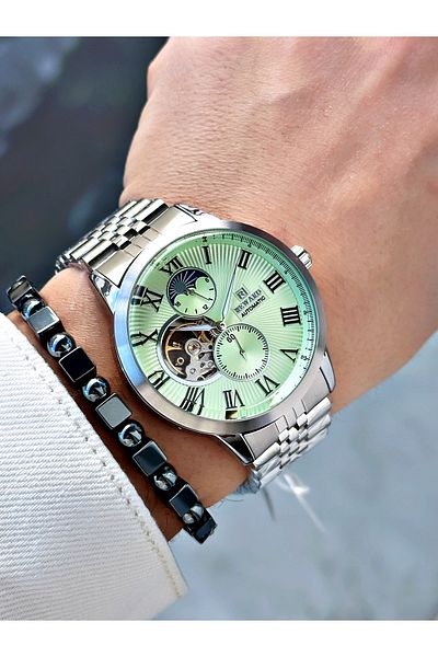 Reward Silver Color Automatic Mechanism Roman Numeral Men Wristwatch + Bracelet