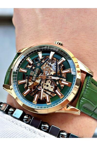 Reward Green Color Leather Cord Skeleton Model Automatic Men Wrist Watch + Bracelet