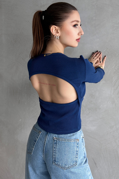 EYYE Saks Mavi Kaşkorse Sırt Dekolteli Bluz