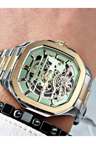 Reward Gold Silver Color Automatic Skeleton Square Model Mechanism Men Wristwatch + Bracelet